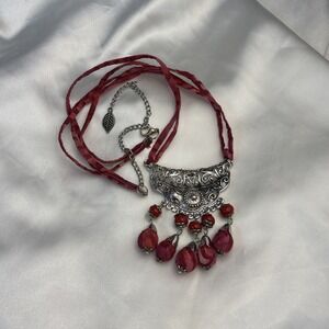 Vintage Bohemian Cloth Bead Silver Tone Necklace Long Red Ethnic Artsy‎ Festival